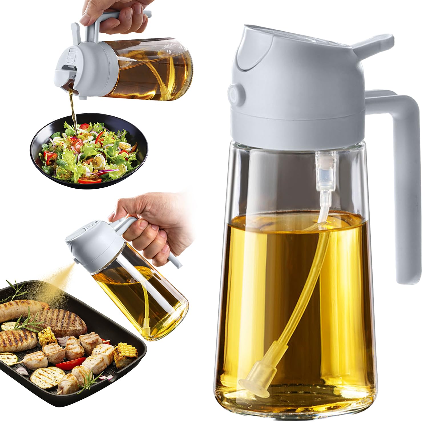 TrendPlain 16oz/470ml Glass Olive Oil Sprayer for Cooking - 2 in 1 Olive Oil Dispenser for Kitchen Gadgets, Air Fryer, Salad, and BBQ - Black